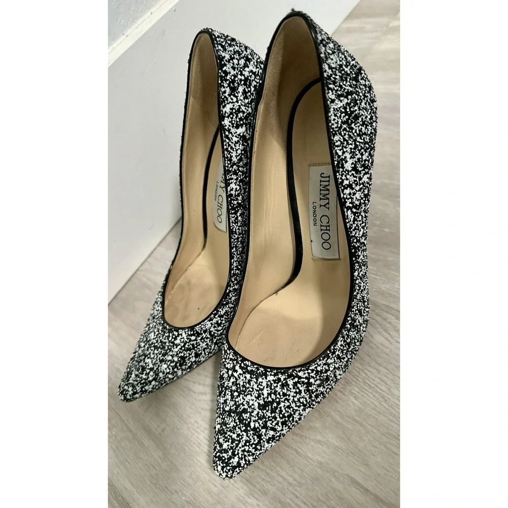 Jimmy Choo Glitter Pointed Toe Stiletto Heels Black White Size 36- us 5.5